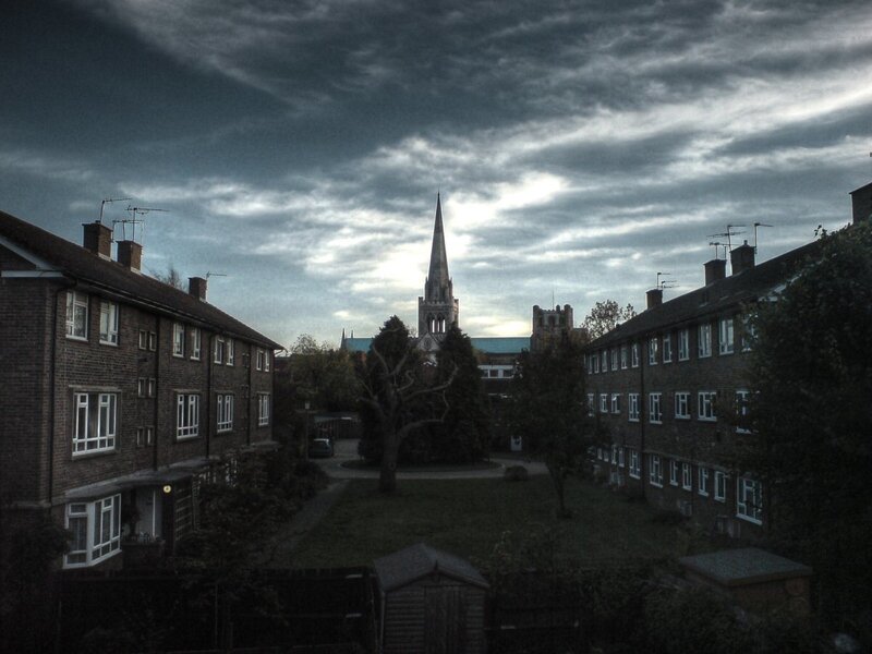 Residential area with church spire
