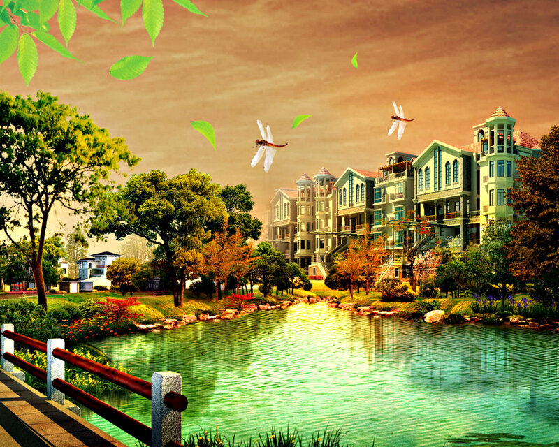 Residential Buildings by Lake — Green