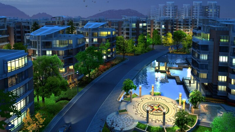 Residential Complex at Night — Blue, Serene