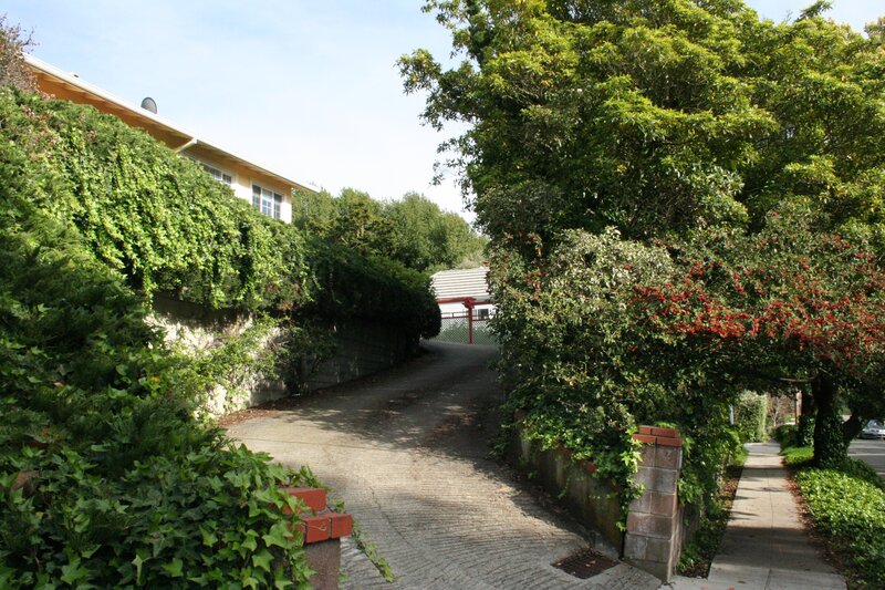 Residential driveway with ivy-covered walls