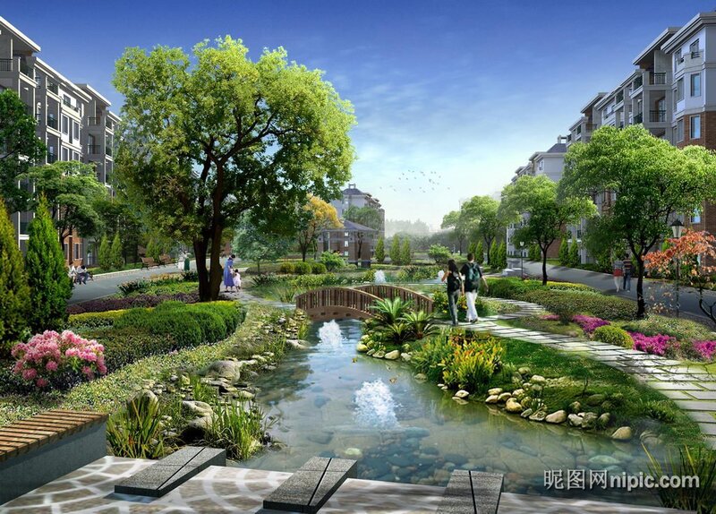 Residential garden with pond and bridge