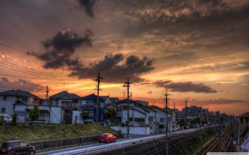 Residential Houses at Sunset — Orange, Dramatic, Photograph