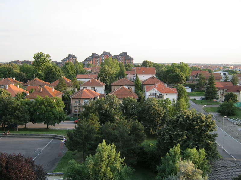 Residential neighborhood with red-roofed houses