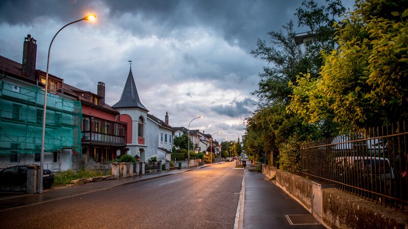 Residential Street at Dusk — Gray
