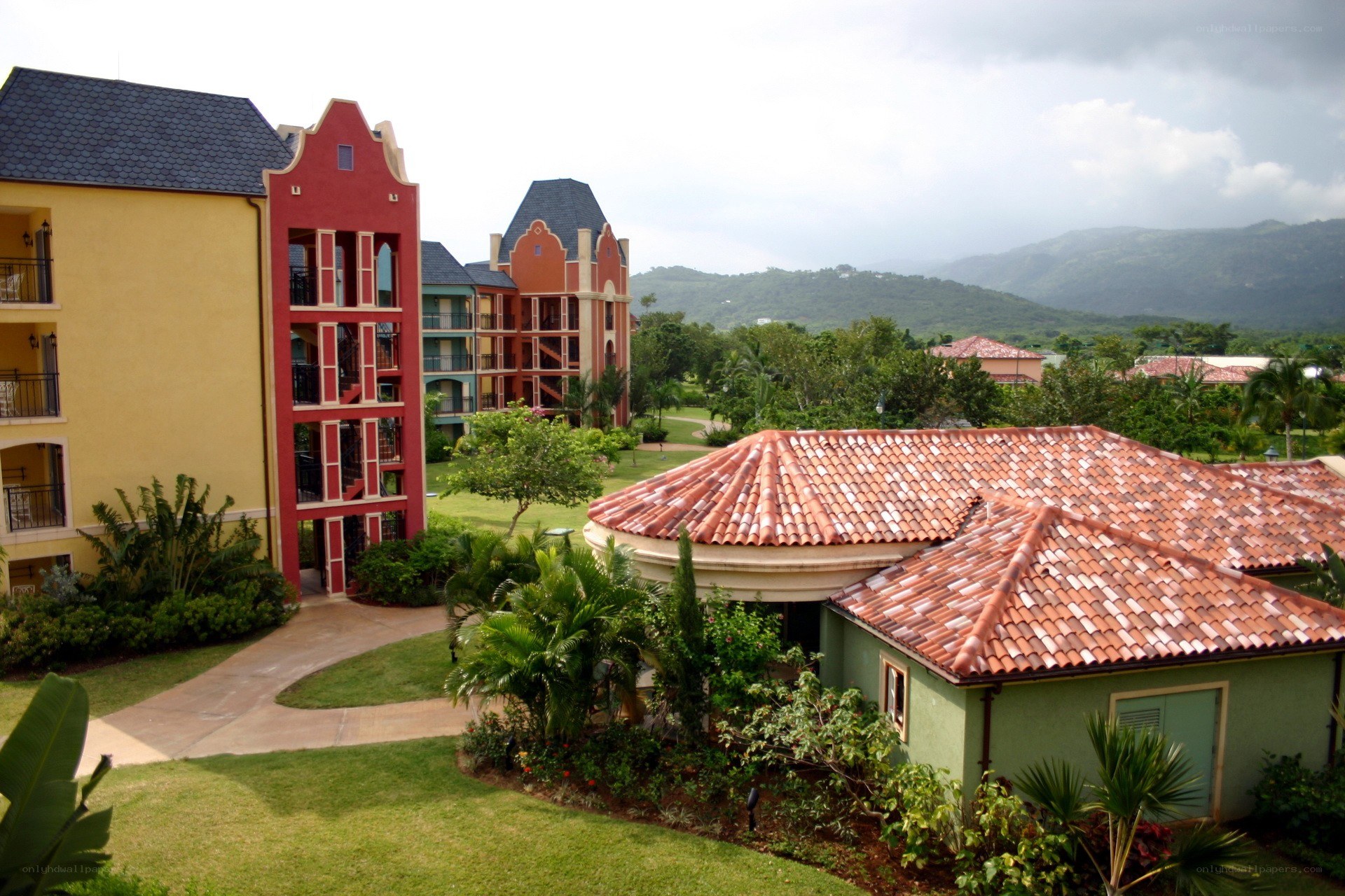 Resort buildings with tiled roofs
