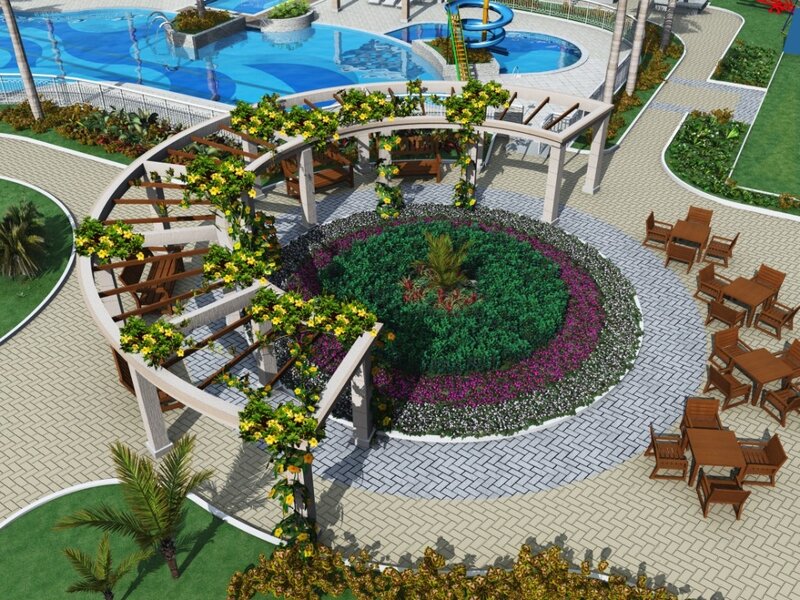 Resort pool area with garden