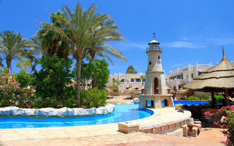 Resort pool with lighthouse