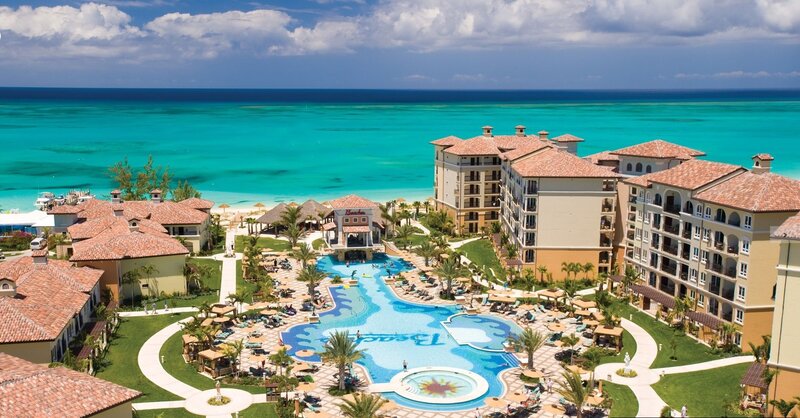 Resort with Pool and Beach — Blue, Serene, Afternoon, Photograph, Palm Trees