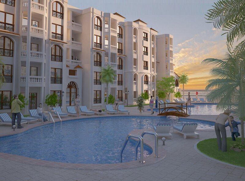 Resort with swimming pools at sunset