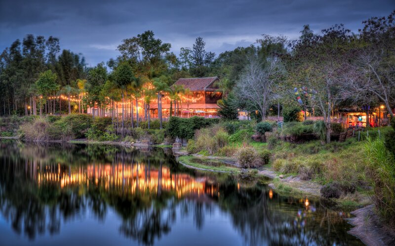 Restaurant by Lake at Dusk