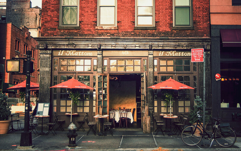 Restaurant on City Street — Red
