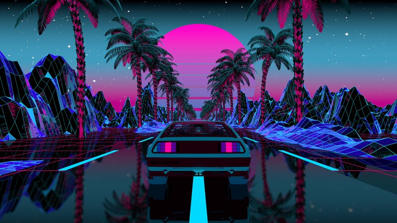 Retro Car on Neon Road — Pink
