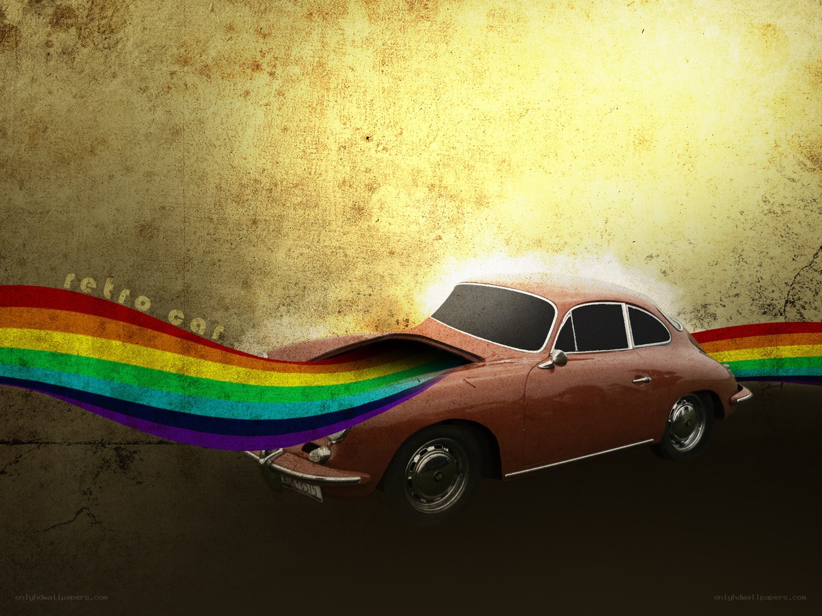 Retro car with rainbow trail