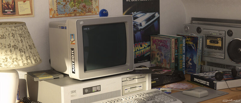 retro computer desk setup