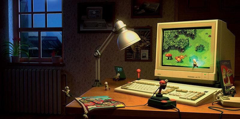 Retro computer gaming scene