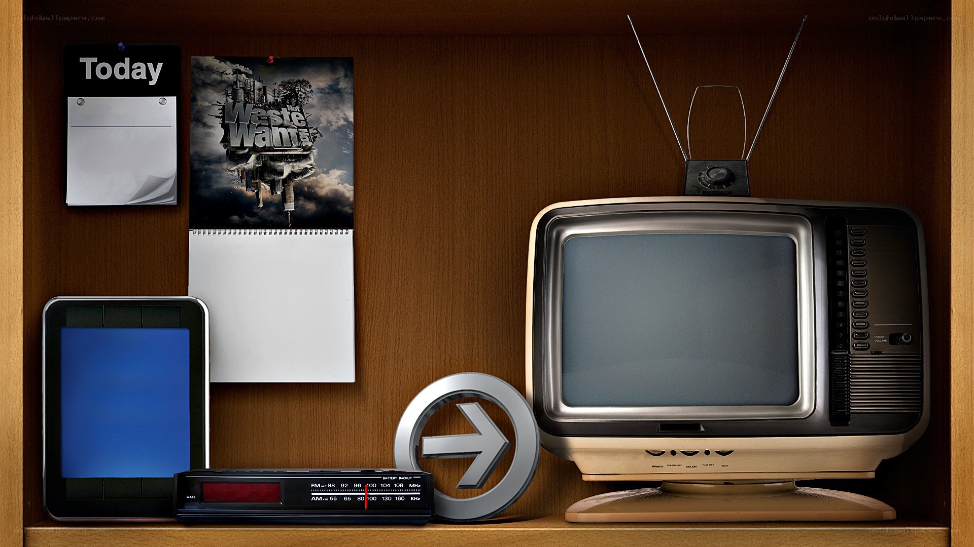 Retro electronics on a shelf