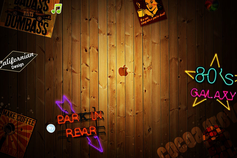 Retro neon signs on wood wall
