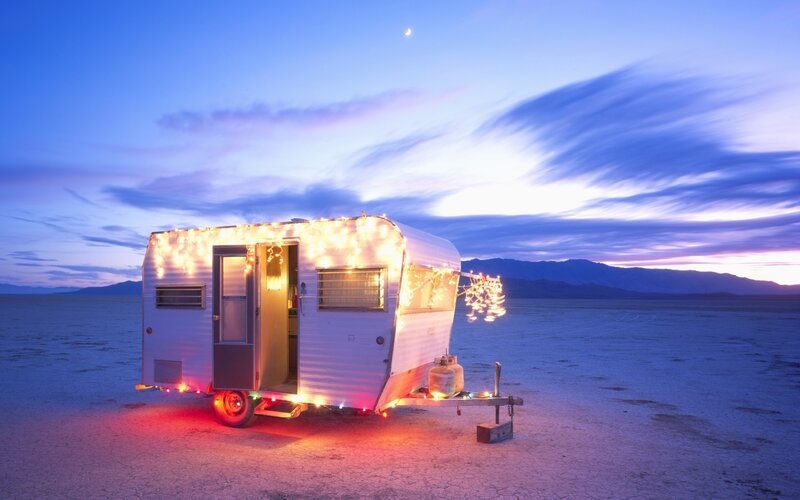 Retro trailer at dusk