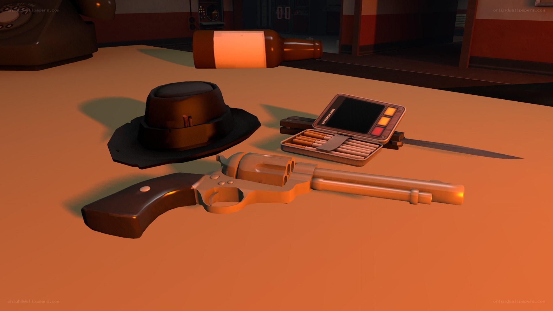 Revolver and accessories on table