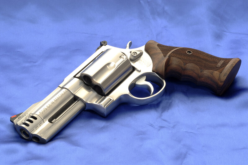 Revolver on Blue Cloth — Neutral, Photograph, Wooden Grip, Blue Fabric, Silver