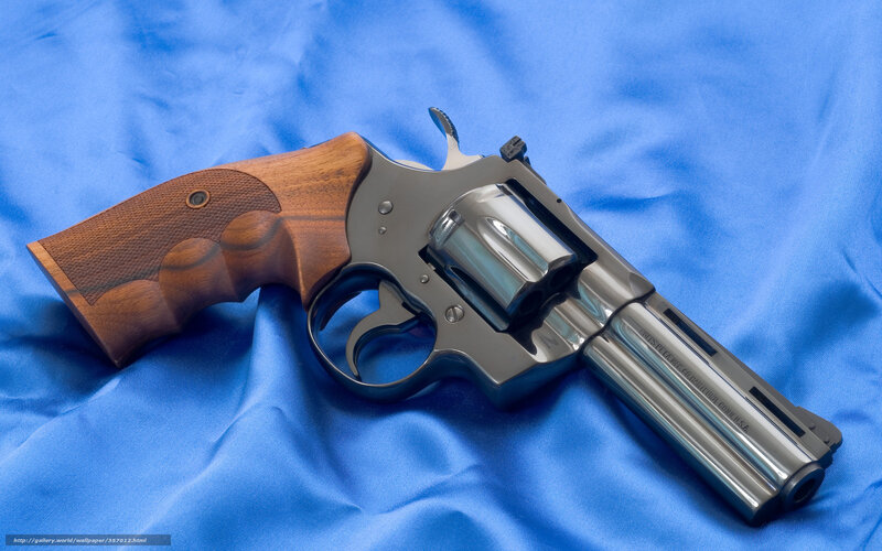 Revolver on Blue Cloth — Neutral, Photograph, Wooden Grip, Metal Barrel
