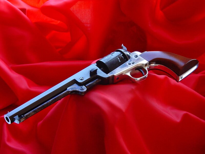 Revolver on Red Fabric — Dramatic, Photograph
