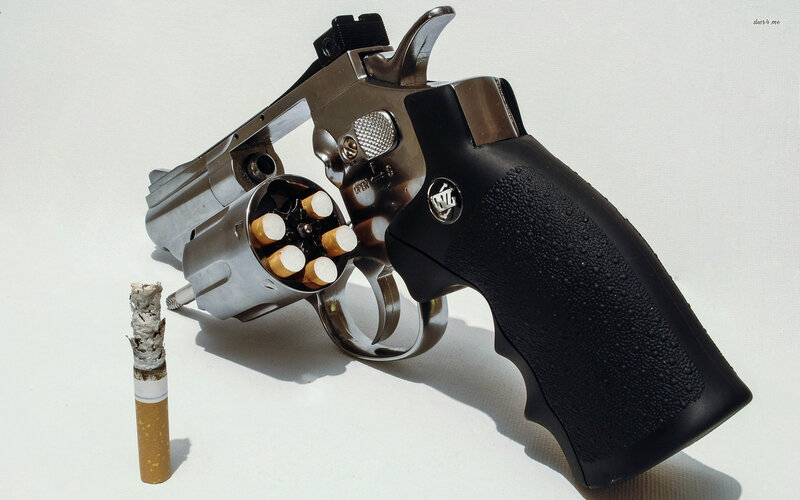Revolver with Cigarettes — Black, Dramatic, Photograph, Cigarette