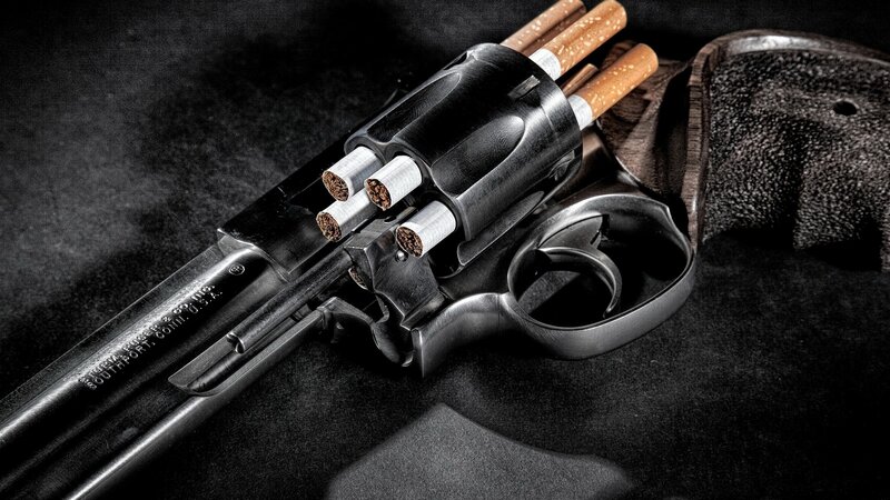 Revolver with Cigarettes — Black, Dramatic, Photograph, Gun