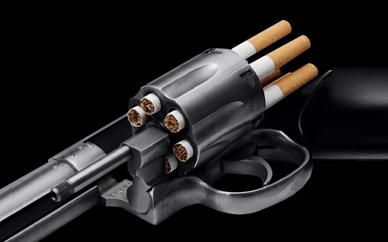 Revolver with Cigarettes — Black, Dramatic, Photograph