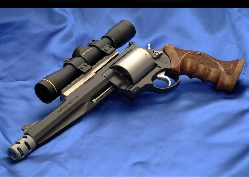Revolver with Scope — Blue, Neutral, Photograph, Wooden Grip, Blue Cloth