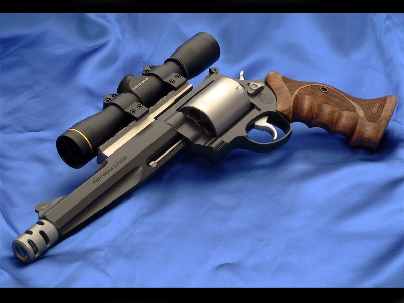 Revolver with Scope — Blue, Neutral, Photograph, Wooden Grip, Blue Fabric, Black, Brown