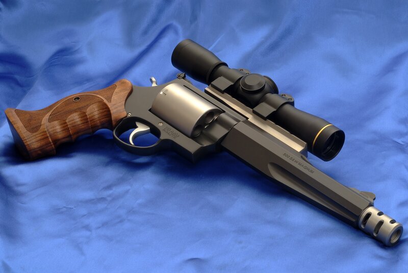 Revolver with Scope — Blue, Neutral, Photograph, Wooden Grip