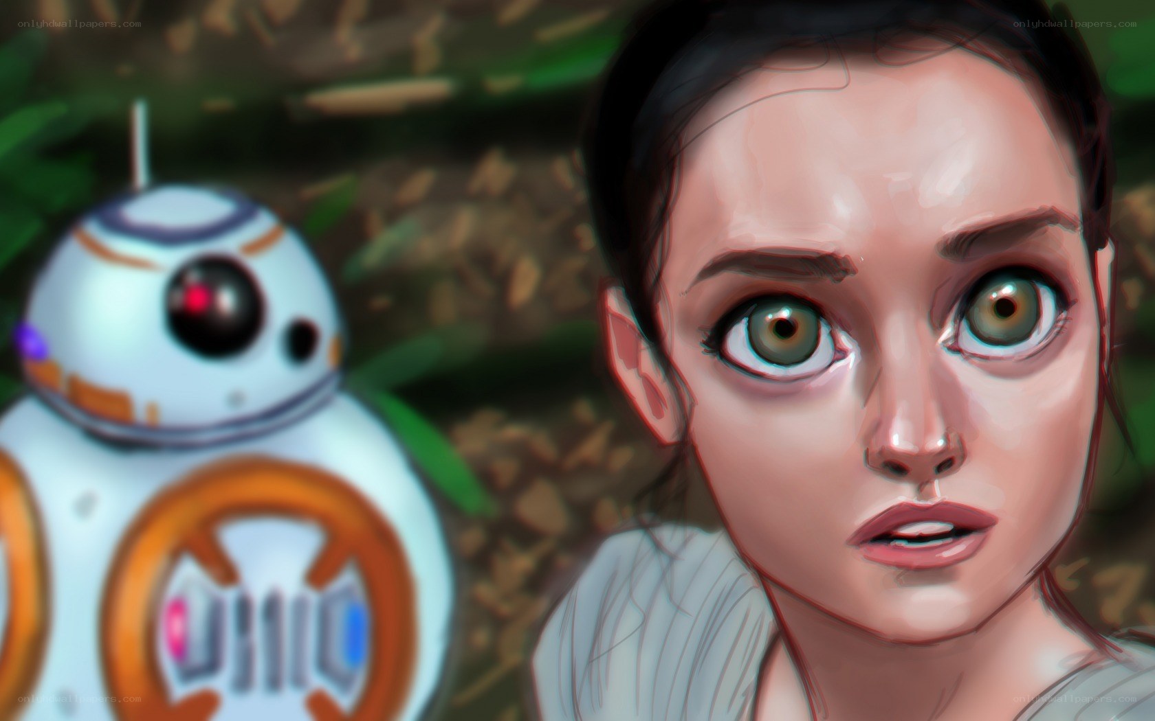 Rey and BB-8 in forest