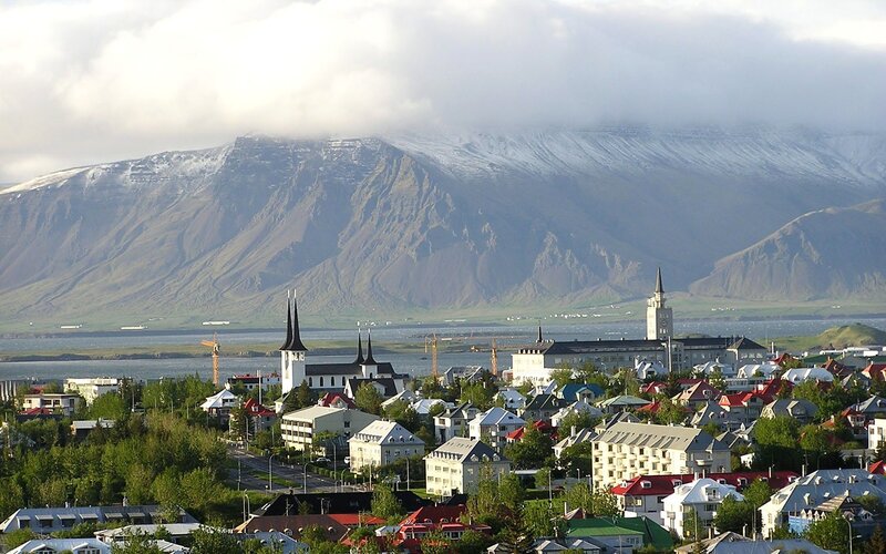 Reykjavik cityscape with mountains