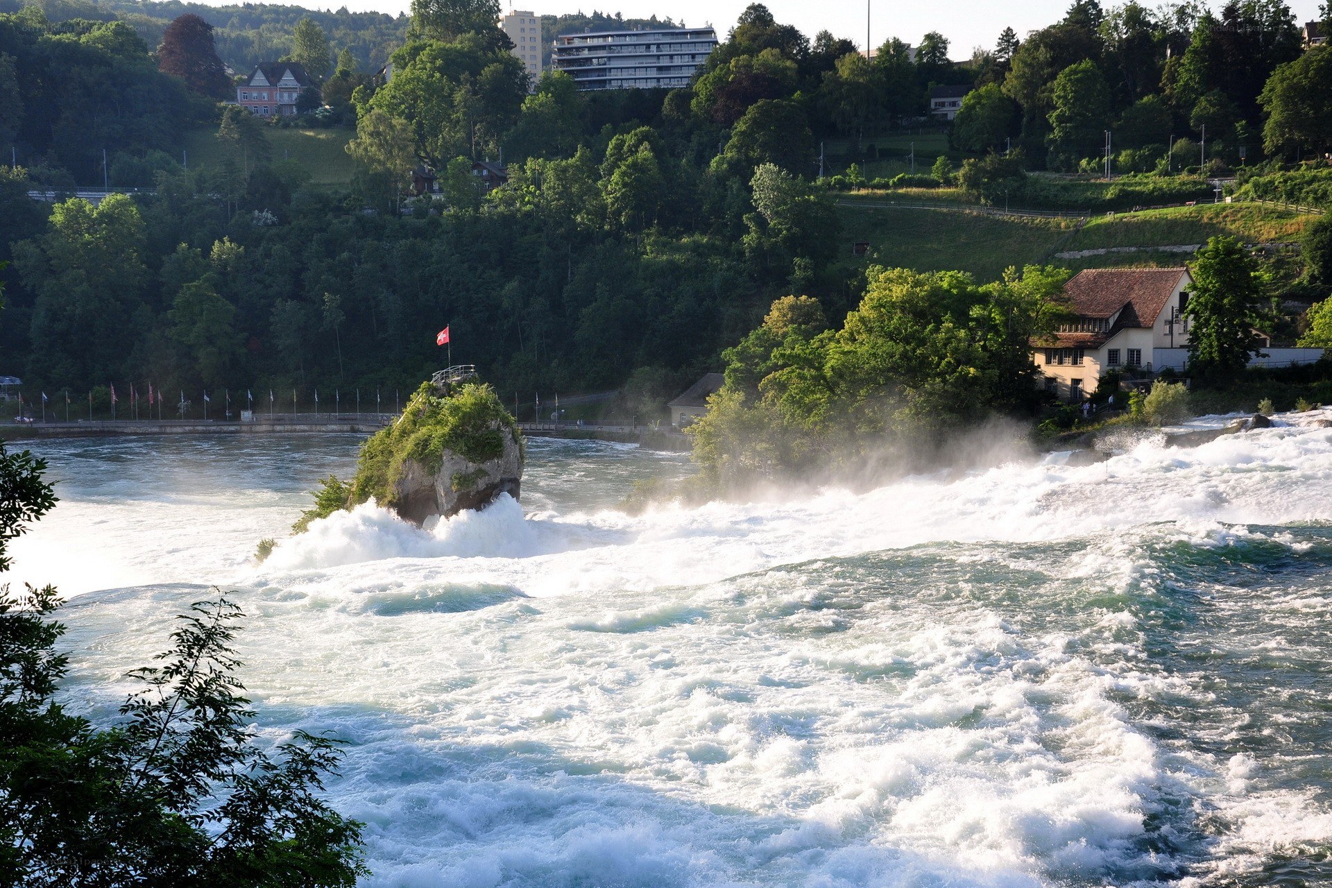 Rhine Falls with Swiss flag