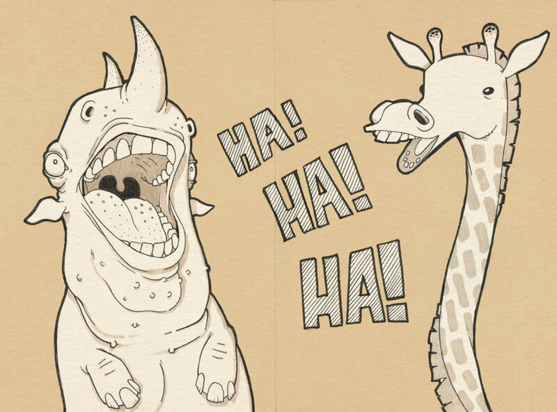 rhino and giraffe laughing