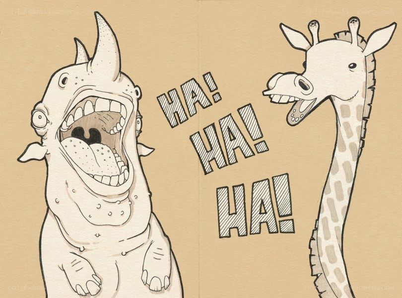 rhino and giraffe laughing