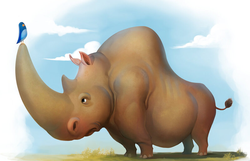 rhino with bird on horn