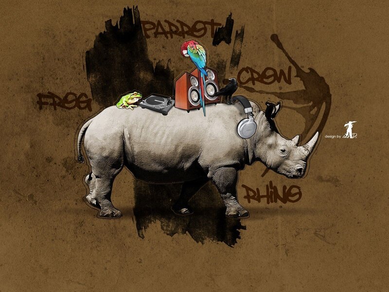 rhino with music gear