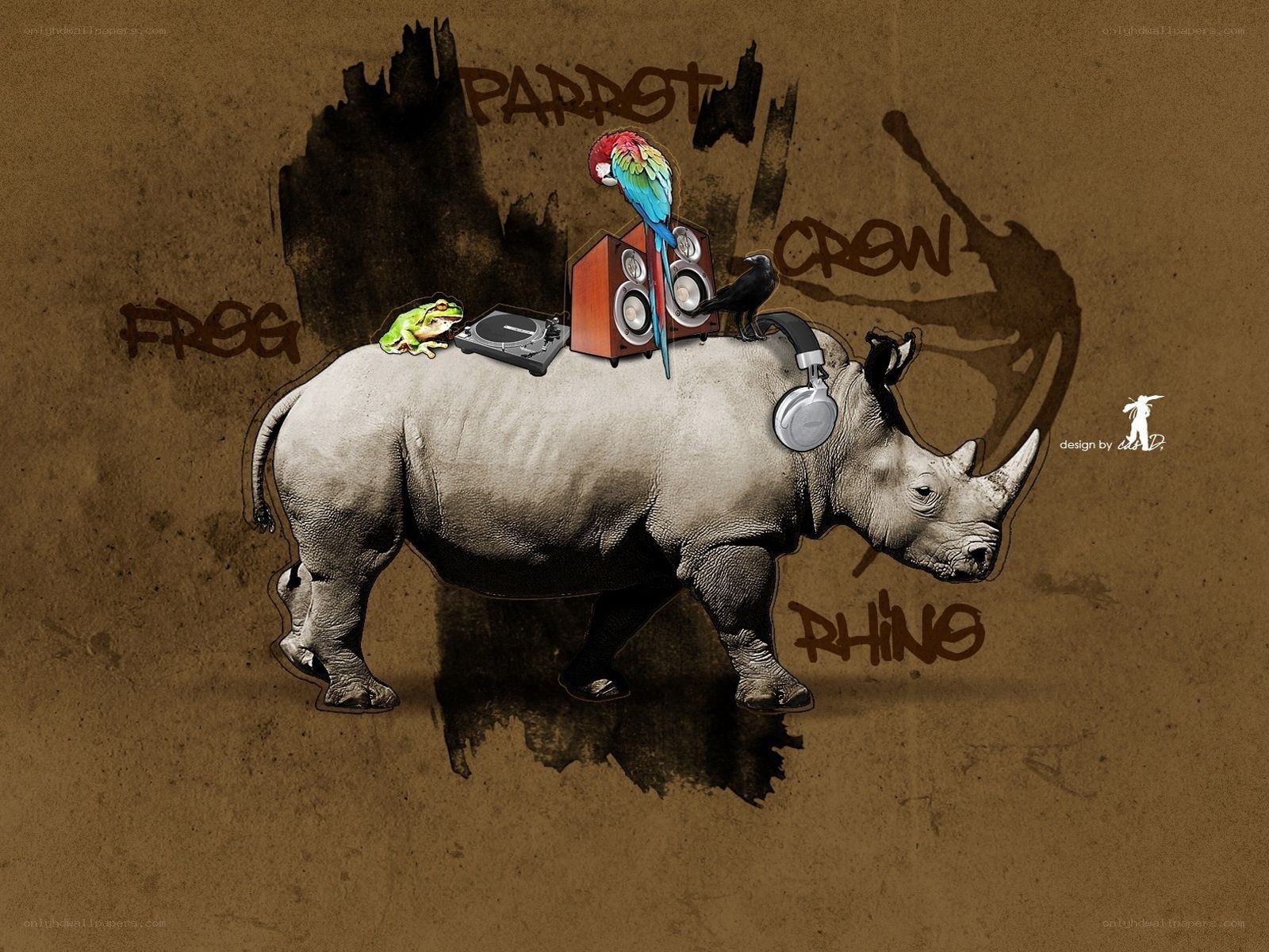 rhino with music gear
