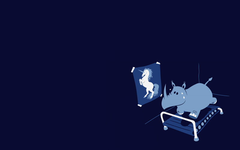 Rhinoceros on Treadmill — Blue, Calm, Night, Illustration, Poster, Unicorn