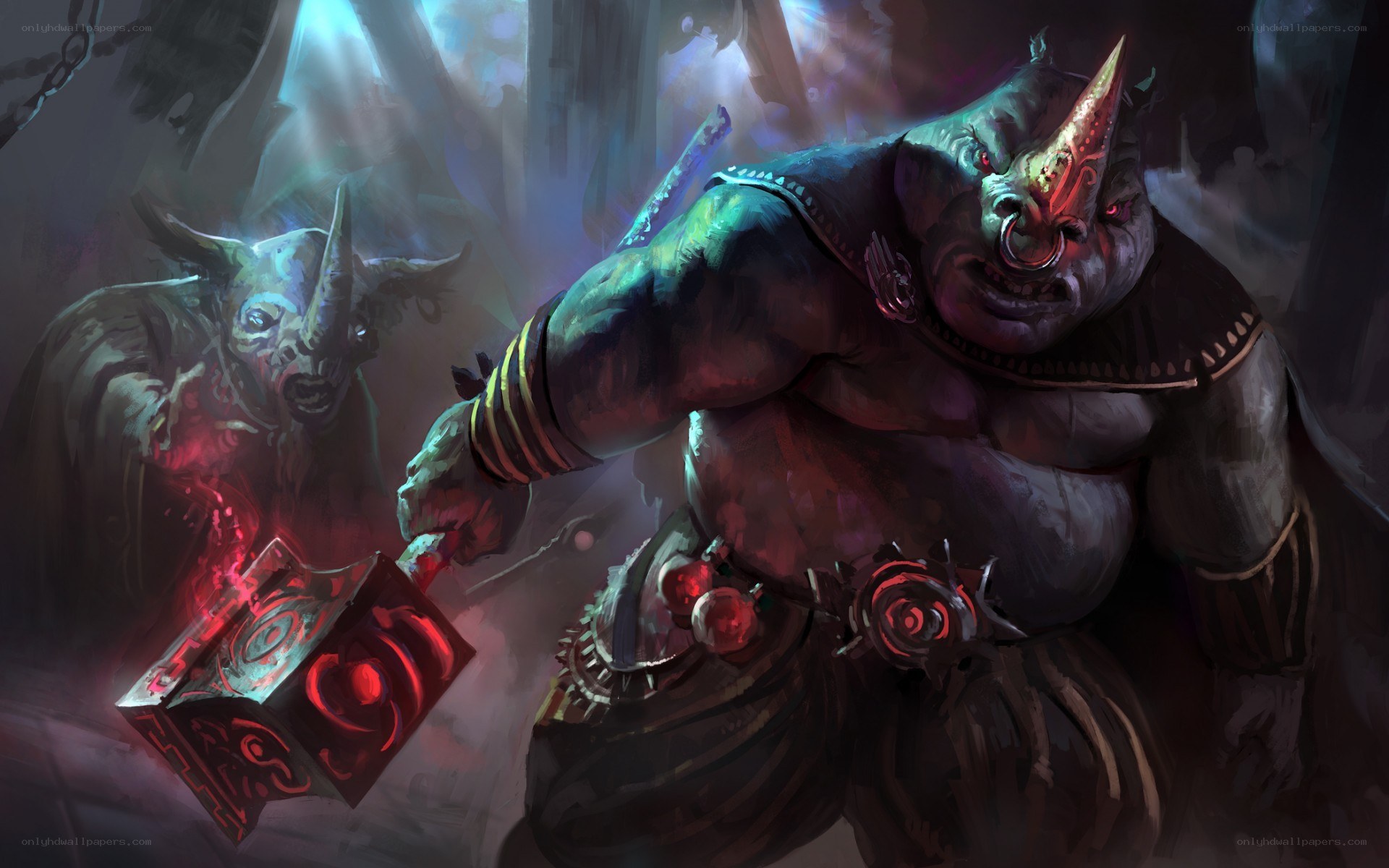 Rhinoceros warrior with glowing hammer