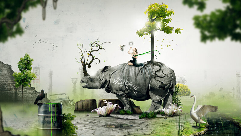 Rhinoceros with girl and tree