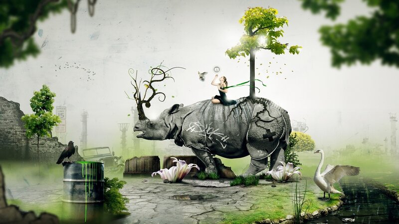 Rhinoceros with girl and tree