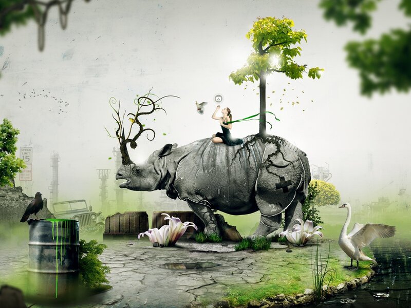 Rhinoceros with girl and tree