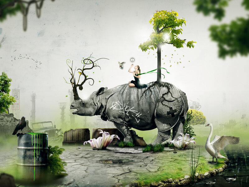 Rhinoceros with girl and tree