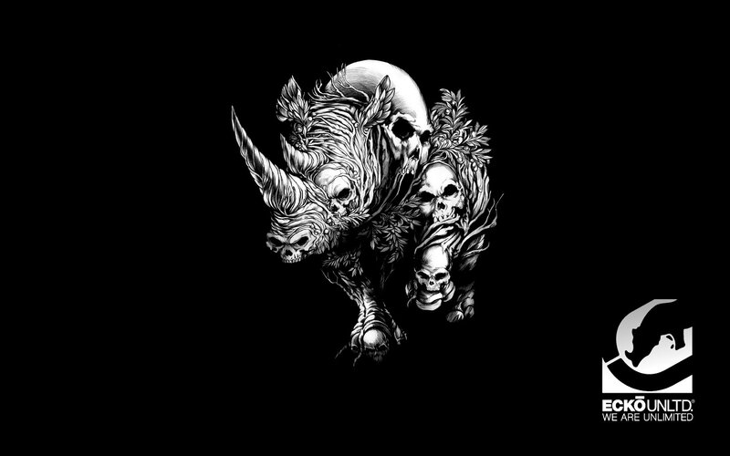 Rhinoceros with Skulls — Black, Dark, Illustration, Plants