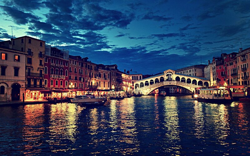 Rialto Bridge at Dusk — Blue, Dramatic, Night, Photograph, Canal, Buildings