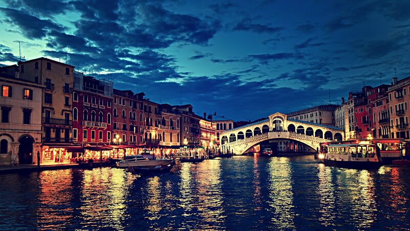 Rialto Bridge at Dusk — Blue, Dramatic, Night, Photograph, Canal