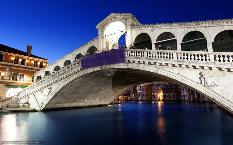 Rialto Bridge at Night — Blue, Serene, Photograph, Canal, Buildings